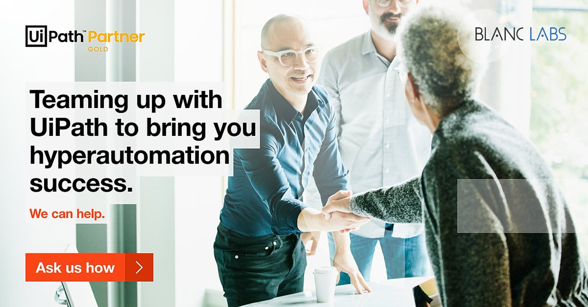 BlancLabs's tweet photo. Blanc Labs is now an official @UiPath Gold Partner! Thrilled to be recognized as a leading #RPA solutions and implementation vendor for the results we have delivered with our clients through #automation.

#UiPath #hyperautomation #fullyautomatedenterprise

https://t.co/mx3wLSHDw8 https://t.co/XOmOQ71rqV
