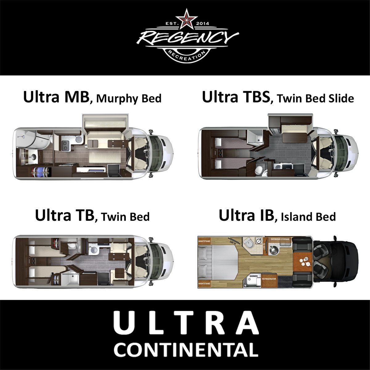 Regency_RV's tweet photo. Regency's Ultra Continental, like Regency's Ultra Brougham Class B+ Luxury Van, comes in 4 Floorplans! The MB (Murphy Bed), TBS (Twin Bed Slide), TB (Twin Bed) and IB (Island Bed).  #regencyrv #regencyvans #rvlifestyle #luxuryvans #rvliving #fordtransit  https://t.co/6ln4CBCTBK https://t.co/D86VBjPT37