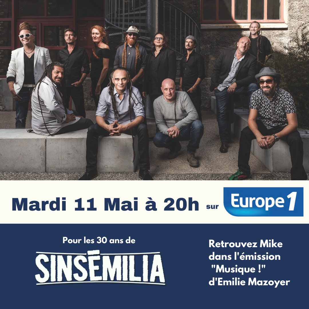 Ce soir sur <a href="/Europe1/">Europe 1</a>, retrouvez Mike dans l'émission <a href="/E1Musique/">Europe 1 Musique</a> d'Emilie Mazoyer pour parler des 30 ans de <a href="/sinsemiliamusic/">Sinsemilia</a> 

#Sinsémilia #Europe1