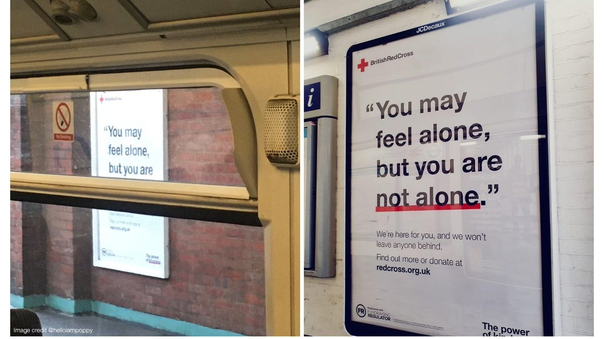 Photograph of a poster at a train station saying "You may feel alone, but you are" and the rest of the words are cut off by a train window. The image on the right shows the full poster at a train station saying "You may feel alone, but you are not alone."