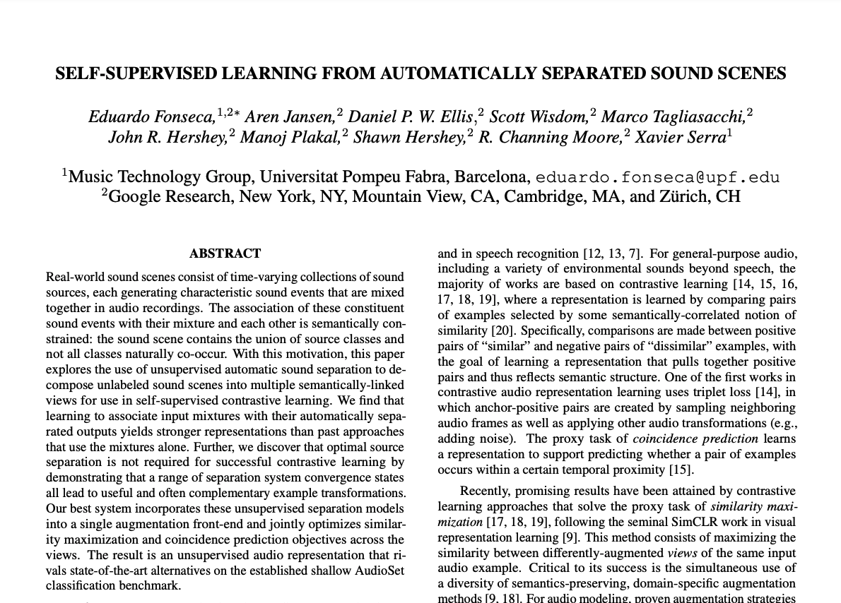 🔊New preprint out! We explore the use of sound separation to decompose sound scenes into semantically-linked views for use in self-supervised contrastive learning. Work done with folks at <a href="/GoogleAI/">Google AI</a> during my last internship. 
arxiv.org/pdf/2105.02132…