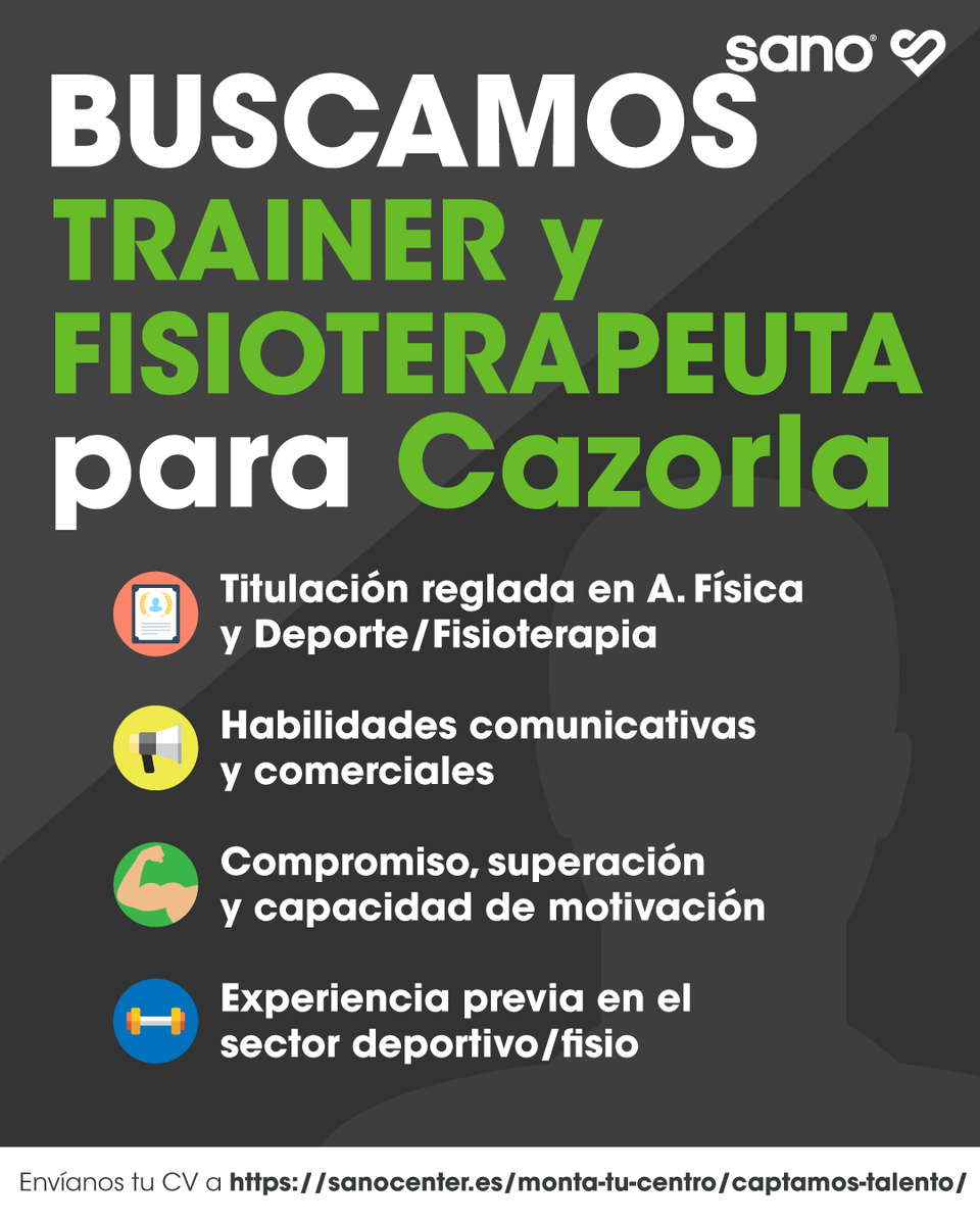 sano_center's tweet photo. Si resides en #Cazorla, o alrededores, te apasiona la actividad física y compartes la 'Filosofía SANO', ¡te estamos buscando!

▶️ Buscamos entrenador/a personal y fisioterapeuta para nuestro nuevo centro de entrenamiento en Cazorla ◀️
Si estás interesad@👇
https://t.co/FRBkMvWPAS https://t.co/FnlAAvjocX