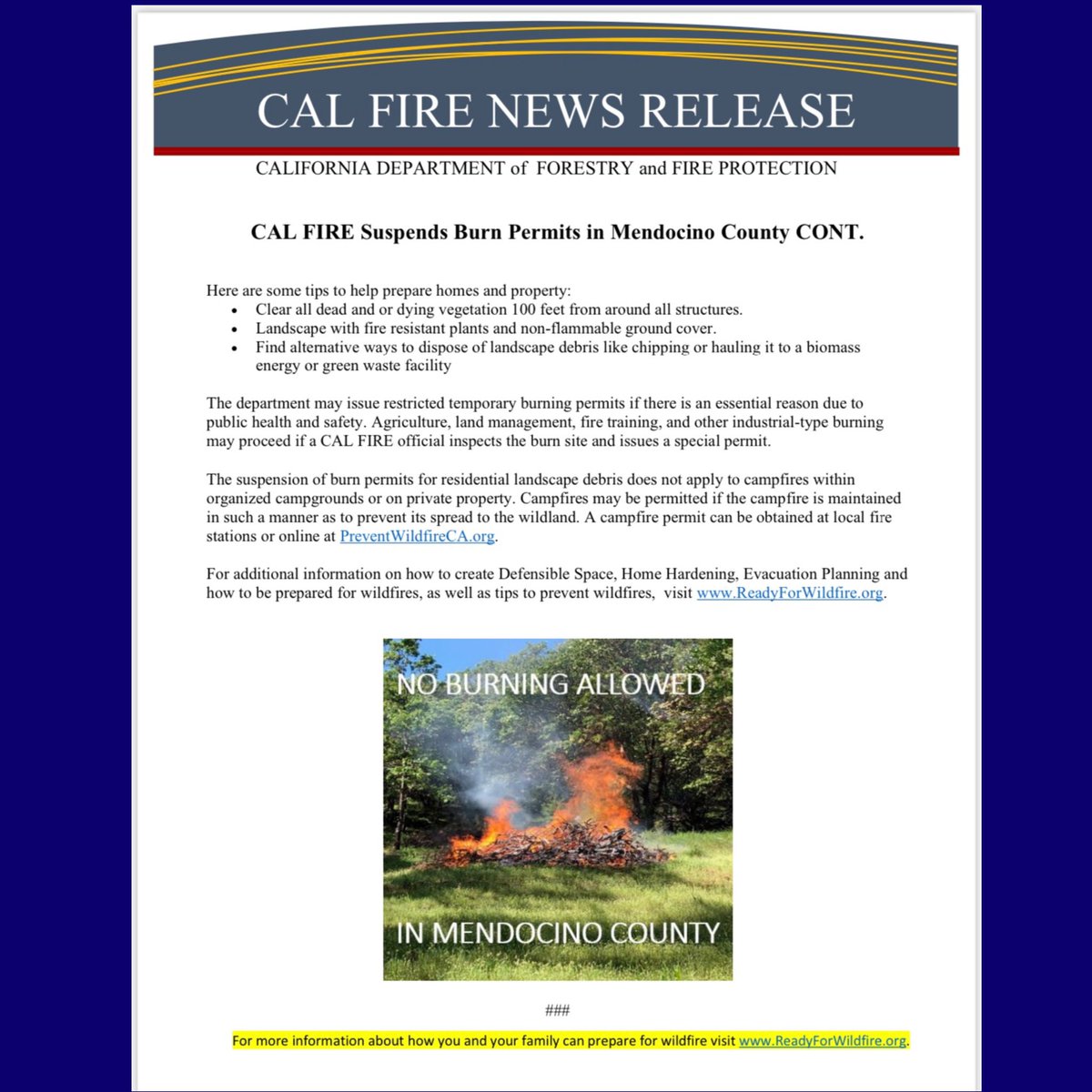 #CALFIREMEU #BURNPERMITS
CAL FIRE Mendocino Unit Suspends Burn Permits in Mendocino County as of May 17, 2021