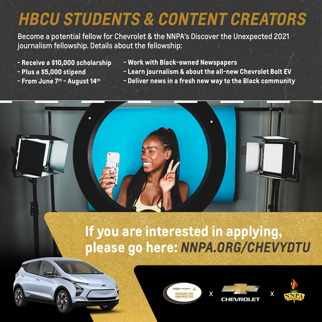 Are you an HBCU student & love creating content for TikTok, Instagram & YouTube? Know someone that is? Don’t miss your chance at a $10,000 scholarship, $5,000 stipend & a chance to work with Black-owned Newspapers. nnpa.org/dtu The deadline is May 14th! #ChevyDTU #HBCU