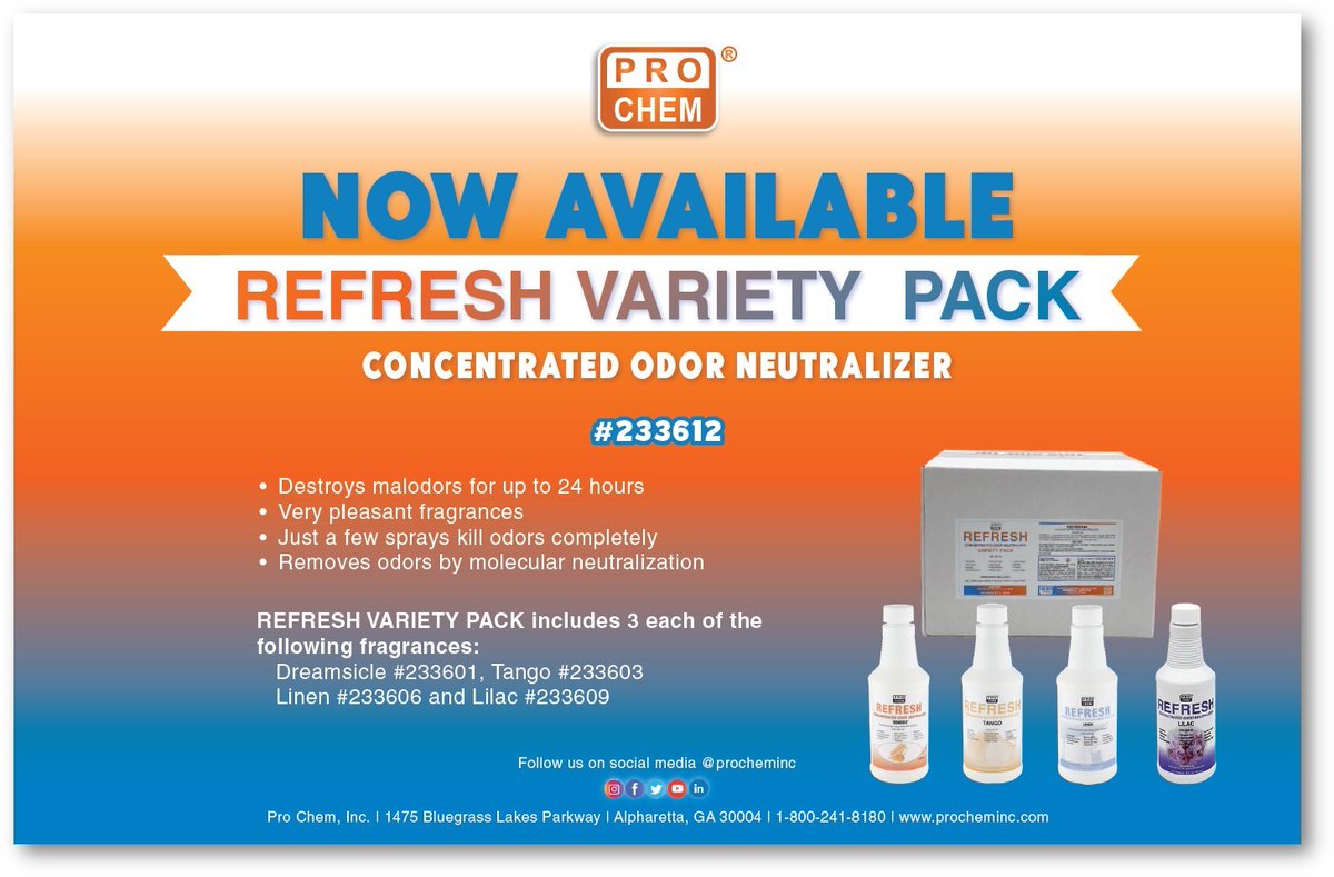 ProChemInc's tweet photo. REFRESH Variety Pack is now available, featuring the most popular fragrances. Just a few sprays will kill odors immediately. Contact your local Pro Chem representative or call 800-241-8180 to order yours today. https://t.co/ejsqhv5GXd