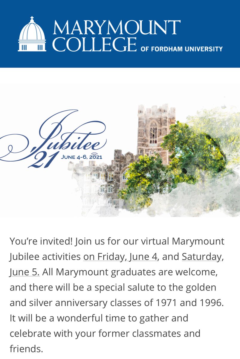 MarymountColl's tweet image. Registration is open for the Marymount Jubilee 2021
All virtual events are Complimentary.  Pre-registration required.
securelb.imodules.com/s/1362/18/inte…