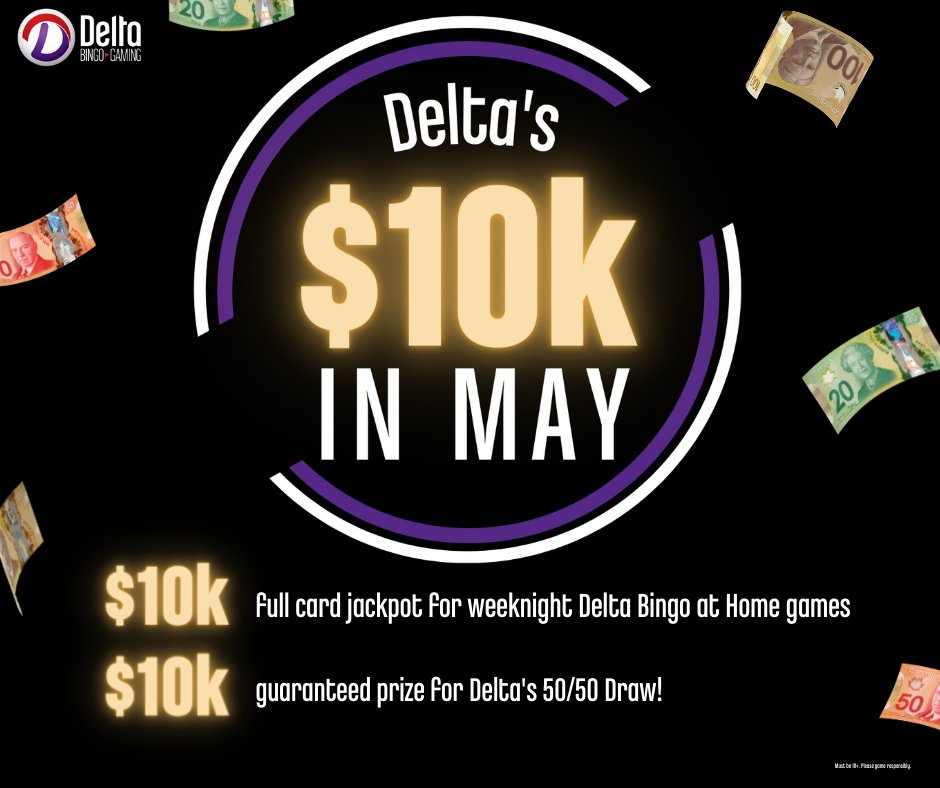 AlternativesCPS's tweet image. Delta Bingo and Gaming is featuring MINIMUM $10,000 jackpots for their weeknight Delta Bingo at Home full card games and Delta’s 50/50 draw for the month of May! Learn more at DeltaBingo.com #deltabingoandgaming