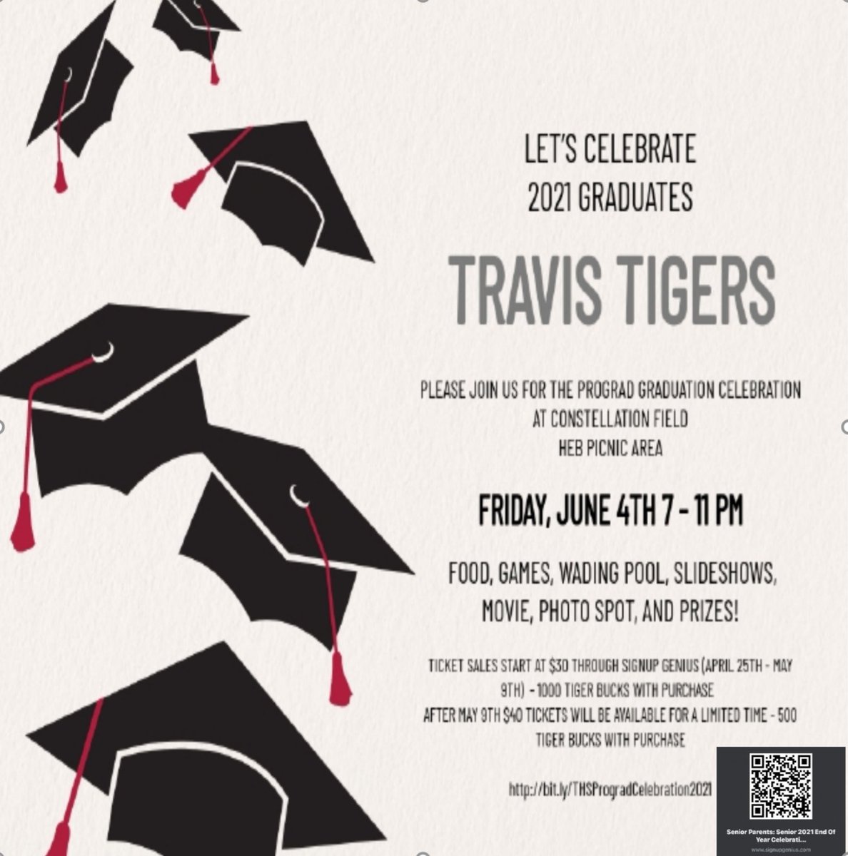 Over 100 tickets sold and counting don’t miss out on the last hurrah as a  senior class. <a href="/2021TRAVTigers/">Travis Tigers Class of 2021</a> <a href="/THS_Tigers/">Travis High School</a> <a href="/TravProGrad2021/">W.B. Travis Tigers Project Graduation c/o 2022</a> 
bit.ly/THSProgradCele…
Spread the word.