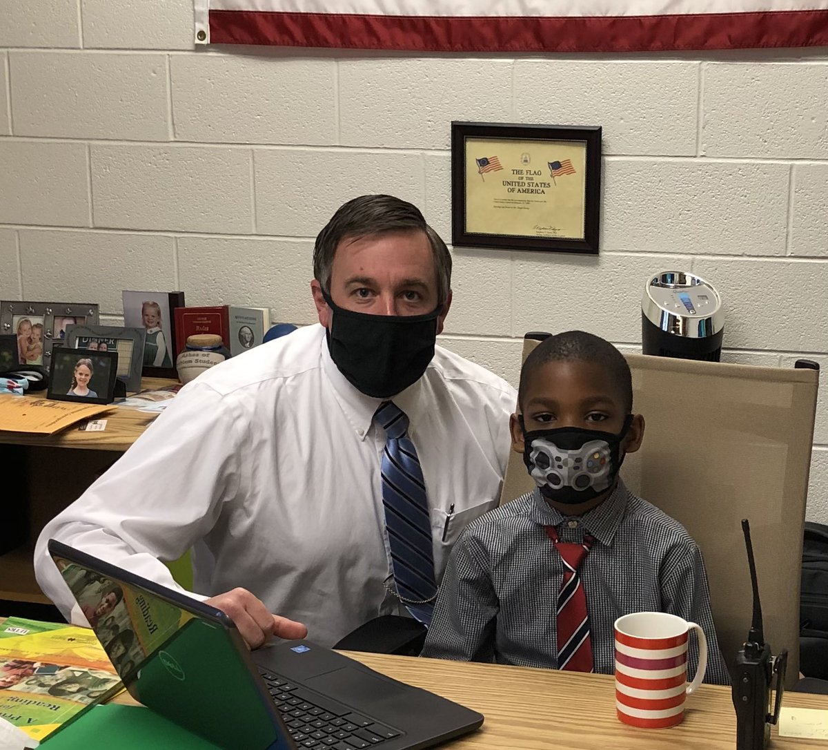 Today we had a kindergarten student who came to school dressed like Mr. Strong. Phaniel sat in the principal's chair for a bit this morning and helped our office staff prepare for the day. Phaniel, you will make a great leader! #RREinspires