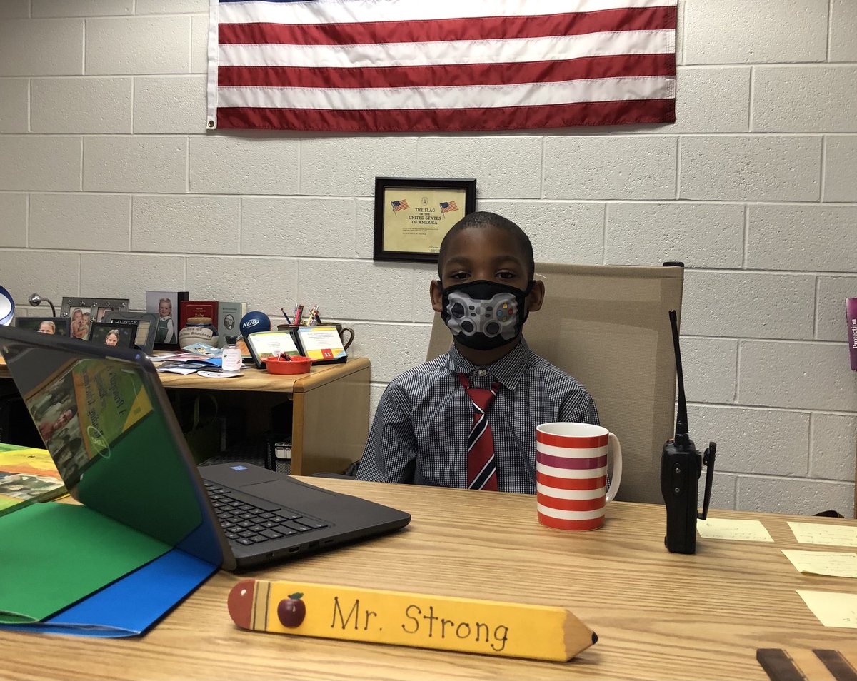 RRESRockets's tweet photo. Today we had a kindergarten student who came to school dressed like Mr. Strong. Phaniel sat in the principal's chair for a bit this morning and helped our office staff prepare for the day. Phaniel, you will make a great leader! #RREinspires https://t.co/cKUKiE8Al6