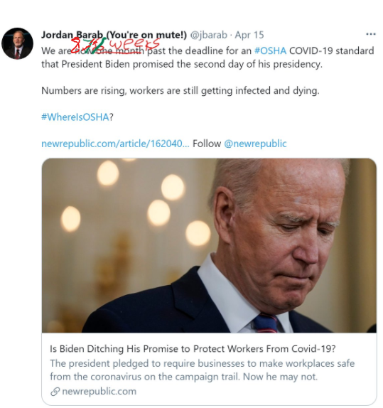 jbarab's tweet photo. Many workers still fear going back to work, yet #OSHA -- 8 weeks after its own deadline --  still refuses to issue its COVID-19 Emergency Temporary Standard.

#WhereIsOSHA https://t.co/LjzUOoh5JH