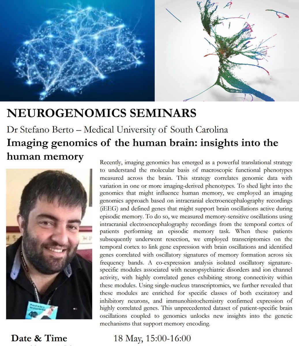 Very much looking forward to host <a href="/StefanoBerto83/">Stefano Berto, PhD</a> next Tuesday (3pm) for our #neurogenomics seminar series. If you're interested in imaging, brain oscillations, memory formation or single cell genomics, don't miss this exciting session! DM/email for zoom link.