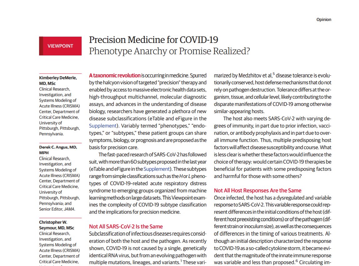 'The time is now for an effective precision medicine approach for #COVID19 that joins translational science, subtype discovery, and a new taxonomy with knowledge generation in clinical trials.' Via @JAMA_current jamanetwork.com/journals/jama/…