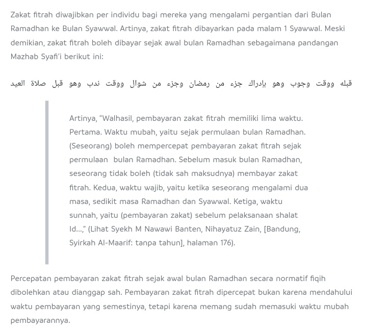 Admbmbm's tweet photo. @Malaikatbadmood Madzhab Syafi'i membolehkan membayar zakat lebih awal (bahkan dari awal Ramadhan) dengan tujuan terhindar dari lupa dan untuk memudahkan. Di masjid lingkungan saya seminggu sebelum lebaran sudah mulai siaran zakat. Cuma memang waktu utama membayar zakat ya sebelum sholat Ied. https://t.co/xlHm8zTkuh