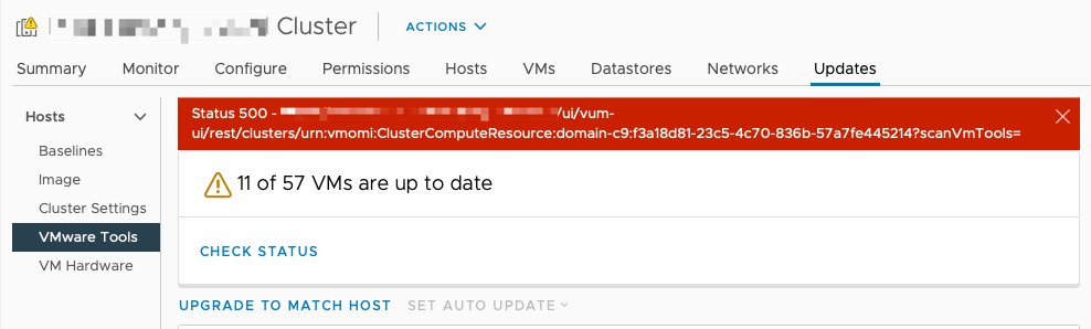 Hey <a href="/lamw/">William Lam</a> have you noticed this issue in your lab when clicking "Check Status" under Cluster > Updates > VMware Tools? Does it for VM Hardware as well. Have two clusters on latest doing this.