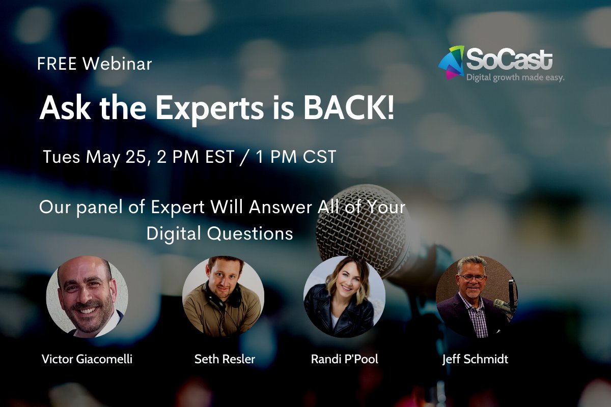 SoCastDigital's tweet image. Ask The Experts webinar is BACK! Join us on Tues May 25th at 2 PM EST / 1 PM CST - Where some of the brightest minds in the radio industry will answer your digital questions! 

Submit your questions &amp;amp; book your seat here: register.gotowebinar.com/register/33701…
#digitaldollars #PoweredBySoCast