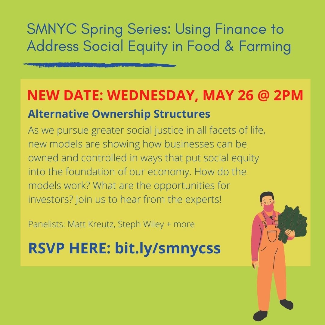 DATE CHANGE! The second webinar of our Spring Series on Alternative Ownership Structures has been moved from Wednesday, May 12 to Wednesday, May 26! Save the (new) date and stay tuned for updates on panelists and more.