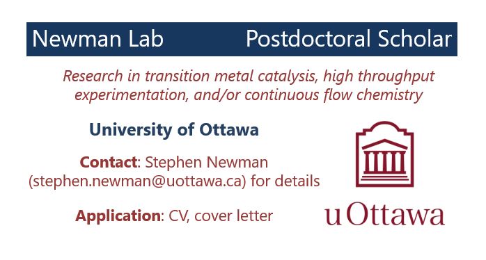 Steve Newman (@thenewmanlab) on Twitter photo We're hiring! Looking for postdoctoral fellows with expertise in organic chemistry to start new collaborative projects in reaction discovery and API synthesis. newmanlab.ca/recruiting
Please RT. Thanks! <a href="/ccrinnovate/">CCRI - CRIC</a> <a href="/uOttawaCHM/">uOttawa Chem & Biomolec Sci // Chimie & Sci Biomol</a> We're hiring! Looking for postdoctoral fellows with expertise in organic chemistry to start new collaborative projects in reaction discovery and API synthesis. newmanlab.ca/recruiting
Please RT. Thanks! <a href="/ccrinnovate/">CCRI - CRIC</a> <a href="/uOttawaCHM/">uOttawa Chem & Biomolec Sci // Chimie & Sci Biomol</a>