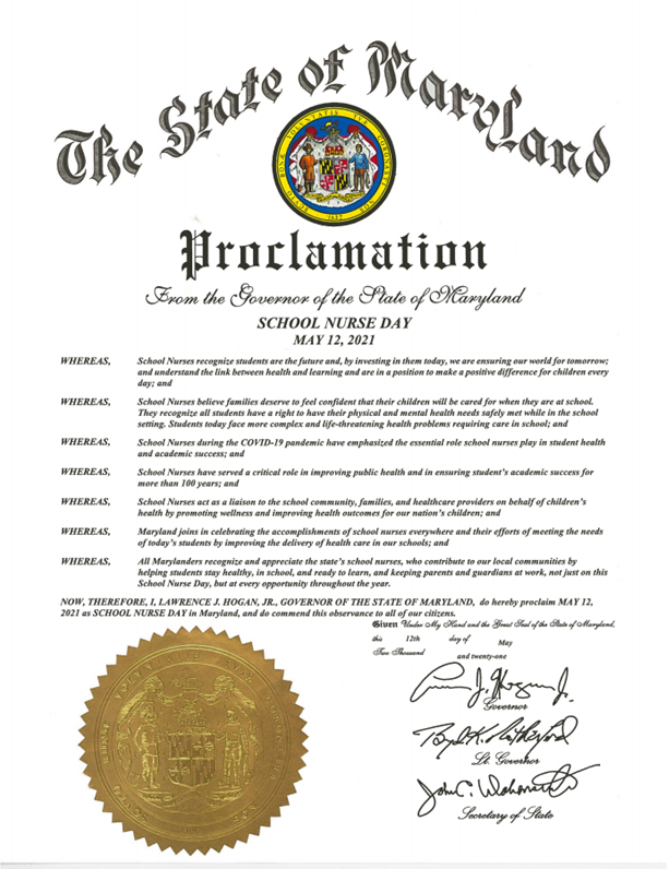 MD_school_nurse's tweet photo. Thank you @GovLarryHogan for recognizing School Nurses in Maryland! Thank you to all school nurses for your hard work and dedication to our school communities during this challenging time! https://t.co/HJHZjwM43Q