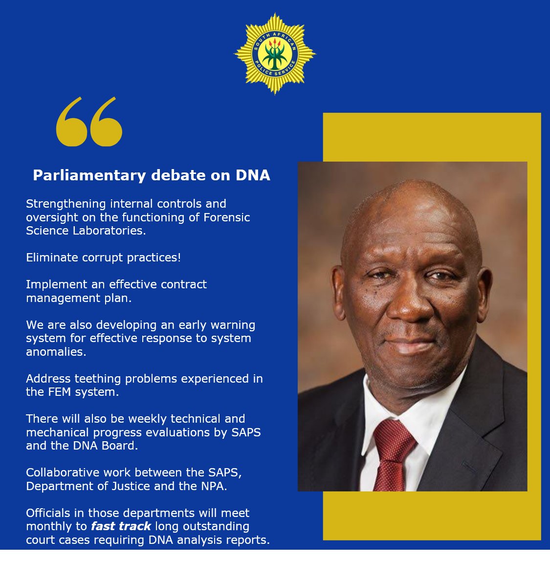 SAPoliceService's tweet image. #PoliceMinistry Minister of Police, General #BhekiCele on checks and balances that have been put in place. @ParliamentofRSA debate on #DNABacklog outlining what the #SAPS is doing to clear the backlog at all 4 SAPS Forensic Science Laboratories. ME