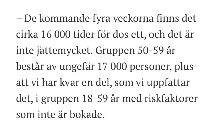 . <a href="/DrEkstrom/">Jonas Ekström</a> påbörjande av stick i arm för åldersgrupp 40-50 om 4-5 veckor (om nuvarande leveransprognos ligger fast). Tolkar jag dig rätt?