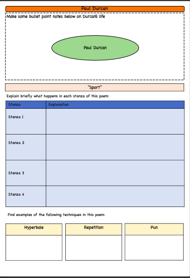 eunanenglish's tweet photo. A graphic organiser for LC OL to revise three of their studied poets that we completed last year, with tasks to do for each poem. Inspired by @cgnmbearla's organiser for JC. Linked below for anyone that might want to use it. @INOTEnews  
https://t.co/aHb2tiOMec https://t.co/Y5ZialULHZ