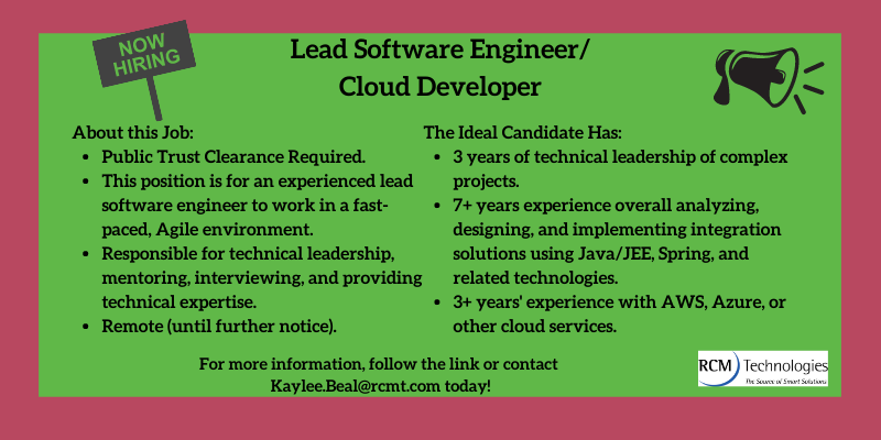 RCMT_Solutions's tweet photo. #RCMTechnologies is looking for a Lead Software Engineer/Cloud Developer in Rockville, #MD. Interested? Check out the details (21-00295) on our website or contact one of our #Recruiters today! #RCMT #jobseeker #techjobs https://t.co/6i7M3kOc3V https://t.co/b3LeY7xsus
