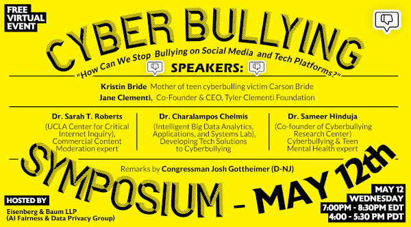 BeCyberwise's tweet photo. Is social media + #cyberbullying contributing to teen suicide?  Find out during the Cyberbullying Symposium this Wednesday, May 12th from 4:00-5:30pm PDT.   Speakers include @hinduja @CChelmis @ubiquity75 @RepJoshG &amp; others.  Register here: https://t.co/UuxobJCLUx https://t.co/MLoK47XIv6