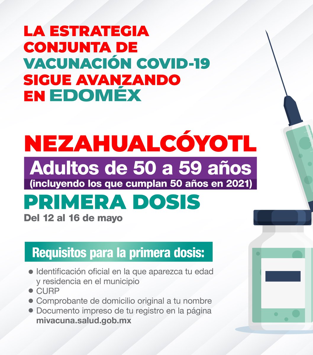 alfredodelmazo's tweet photo. Del 12 al 16 de mayo estaremos aplicando la primera dosis a los adultos de 50 a 59 años en #Nezahualcóyotl. #EstrategiaDeVacunación https://t.co/laVln3IAlZ