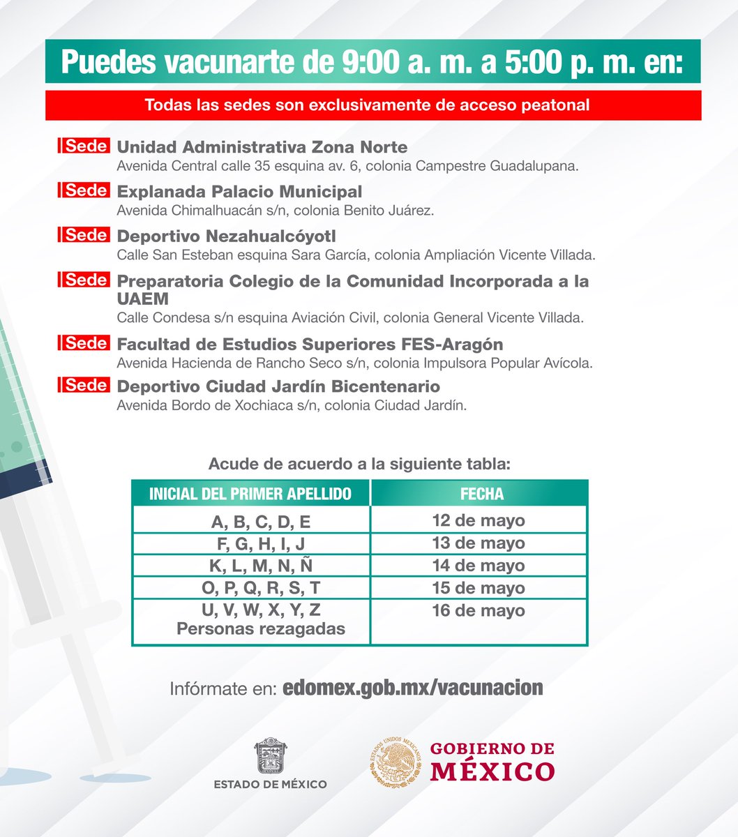 alfredodelmazo's tweet photo. Del 12 al 16 de mayo estaremos aplicando la primera dosis a los adultos de 50 a 59 años en #Nezahualcóyotl. #EstrategiaDeVacunación https://t.co/laVln3IAlZ