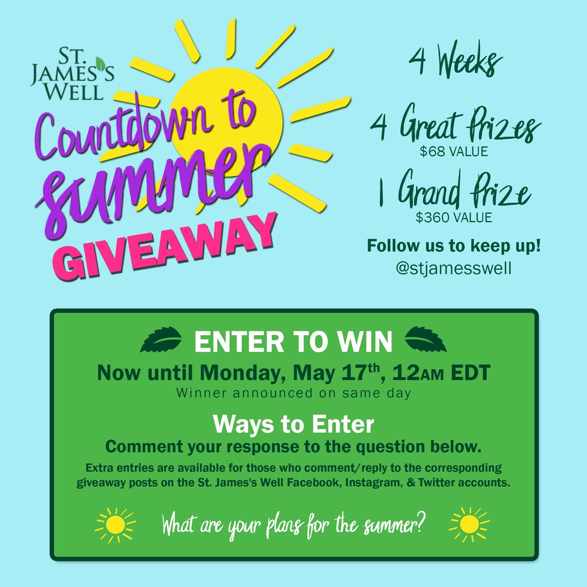 StJamessWell's tweet photo. ✨GIVEAWAY #2✨
4 Weeks, 4 Great Prizes, 1 Grand Prize! Follow us to keep up!
➡️ To enter, reply with your answer to the question below, &amp; be sure to retweet this!
💚 What are your plans for the summer? 💚

(More info in reply)
#Giveaway #SkinCareGiveaway #BeautyGiveaway https://t.co/fQU7LqvHsj