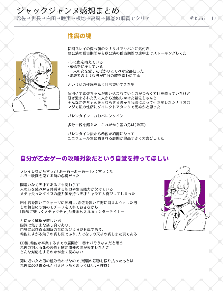 カイリ 在 Twitter 上 ジャックジャンヌのメインキャラの全 を完走できたので各個人 の感想をまとめました 希佐 はベストエンド部分を見てから語りたい T Co Xx4za1hnkd Twitter