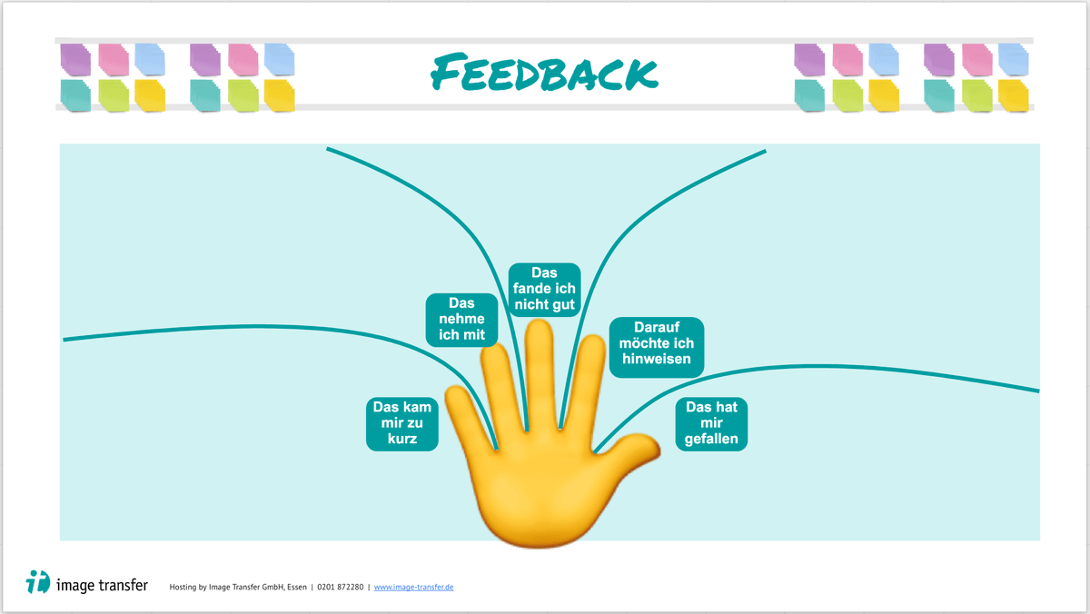luisehier's tweet photo. #MethodenTipp
Mit der Feedback-Hand Rückmeldungen zum #Workshop, #Sprint, etc. sammeln.
Daumen: Das hat mir gefallen
Zeigefinger: Darauf möchte ich hinweisen
Mittelfinger: Das fande ich nicht gut
Ringfinger: Das nehme ich mit
Kleiner Finger: Das kam mir zu kurz
#Facilitation https://t.co/lRDbC4cqtd