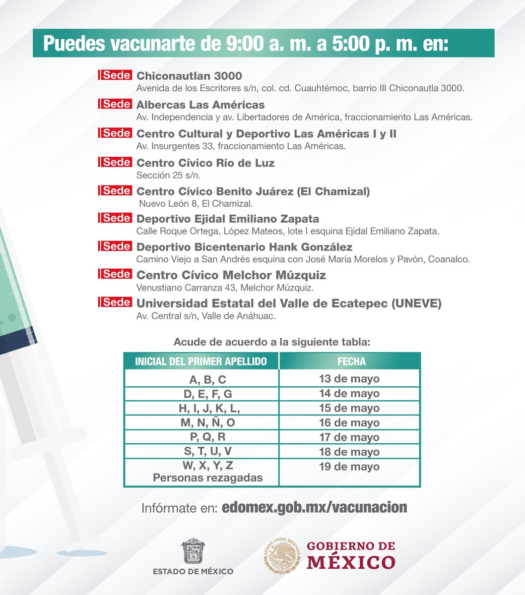 alfredodelmazo's tweet photo. Del 13 al 19 de mayo estaremos aplicando la primera dosis a los adultos de 50 a 59 años en #Ecatepec. #EstrategiaDeVacunación https://t.co/PNuRuOjrYv