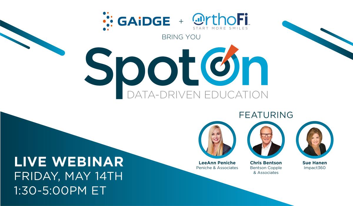 <a href="/OrthoFi/">OrthoFi</a> &amp; <a href="/GaidgeOrtho/">Gaidge</a> present SpotOn Data-Driven Education LIVE! This free webinar features LeeAnn Peniche (<a href="/PenicheTeam/">Peniche & Associates</a>), Chris Bentson (<a href="/BentsonCopple/">BentsonCopplePattersonAssociates</a>) &amp; Sue Hanen (<a href="/impact360ortho/">Impact360 Consulting</a>) 𝗧𝗵𝗶𝘀 𝗙𝗿𝗶𝗱𝗮𝘆, 𝟭:𝟯𝟬𝗽𝗺-𝟱:𝟬𝟬𝗽𝗺/𝗘𝗦𝗧. 

Registration: info.startmoresmiles.com/SpotOn-Data-Dr…