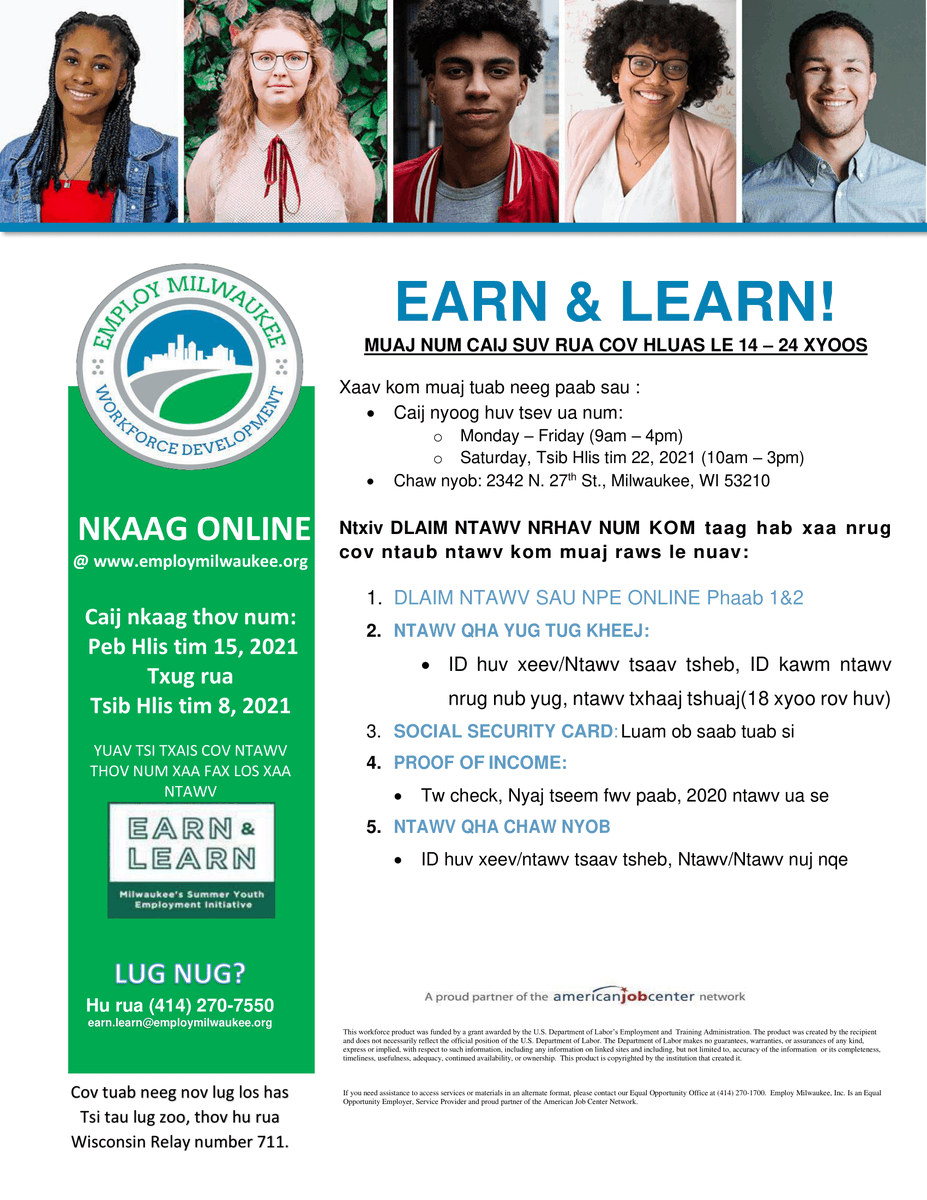 Are you between the ages of 14-24 and looking for a summer job? Apply for EARN &amp; LEARN and gain work experiences ranging from developing culinary skills at Wisconsin State Fair Park to working in health care settings. Apply online by May 27 at 4 p.m. here: bit.ly/3tzC5tc
