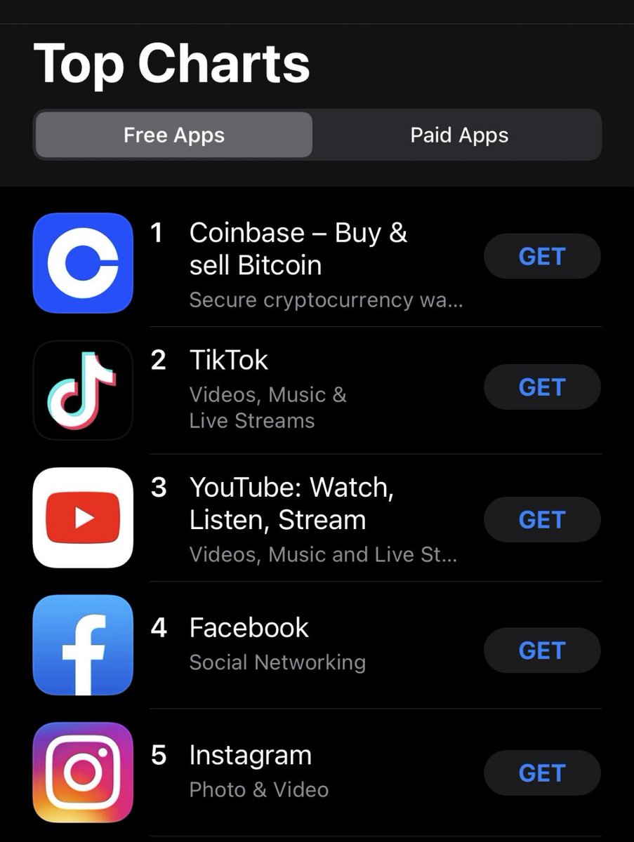 Bloqport's tweet photo. Coinbase has reached #1 on the US Apple App store for the first time since 2017 https://t.co/pcHwr0oVD5