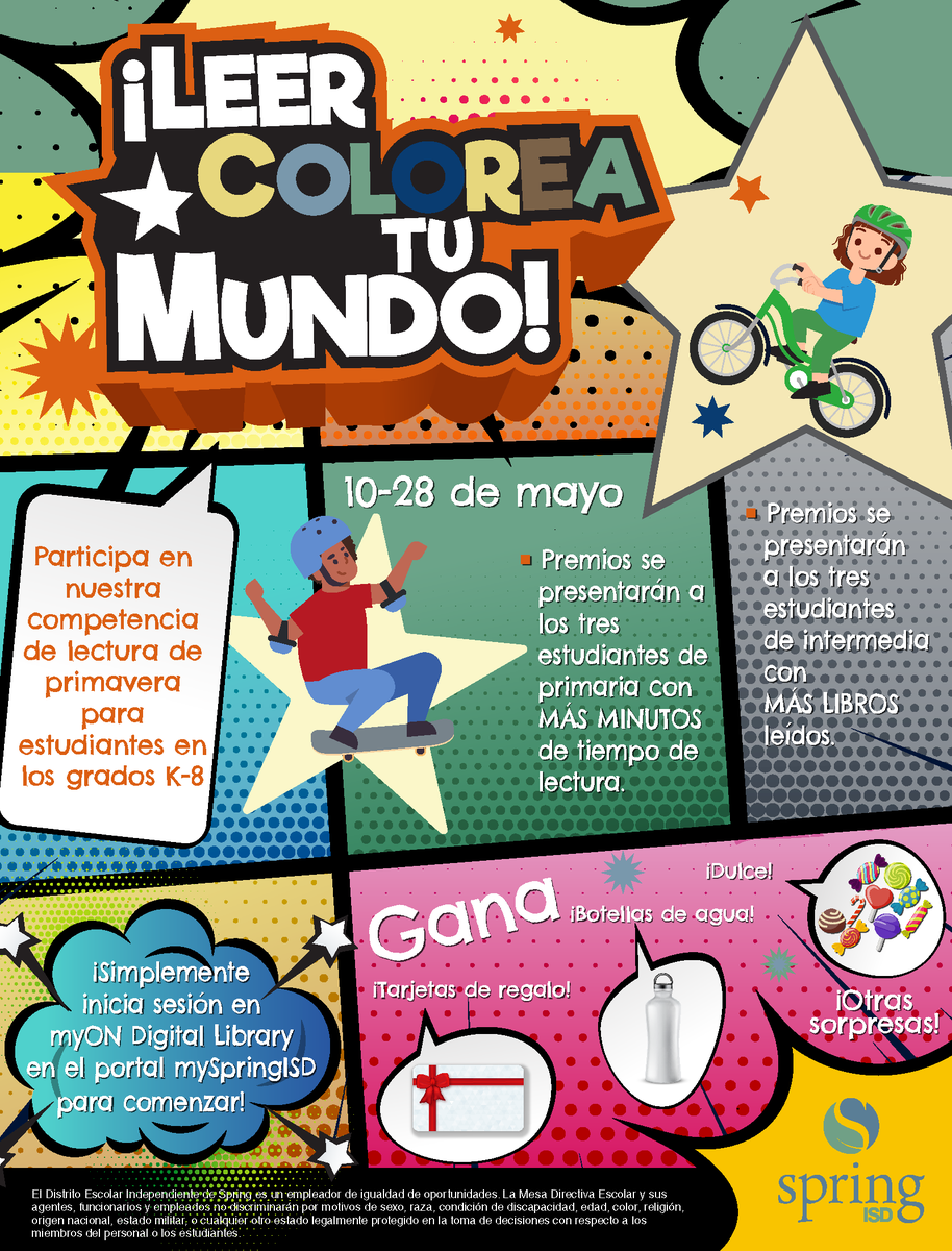 SpringEspanol's tweet photo. ¿Quién está listo para otro concurso de lectura? Participe en nuestro concurso de lectura de primavera 'Leer colorea tu mundo'. Inicie sesión hoy en myON Digital Library para comenzar. La competencia termina el 28 de mayo. #SomosSpring https://t.co/fBXhUhOdze