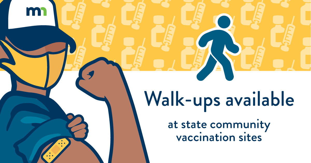 mnhealth's tweet photo. (1/2) All eligible Minnesotans can now *walk-in* for a COVID-19 vaccine at the state’s Community Vaccination Program locations! 16 and 17 year olds must receive consent from a parent or guardian, so the state encourages families to walk-in and get vaccinated together! https://t.co/CMsFxTlcxQ