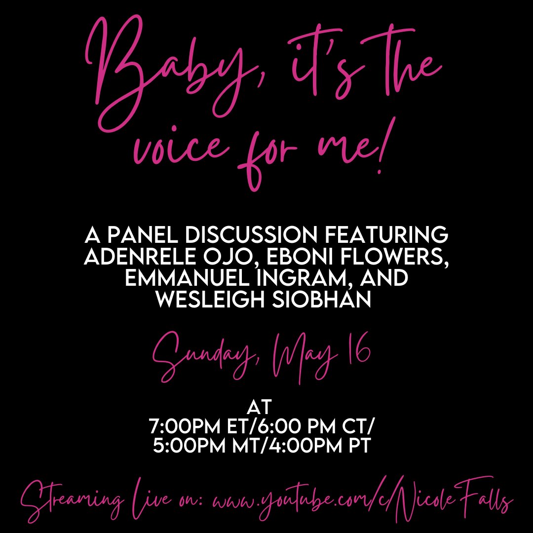 _nicolefalls's tweet photo. So, I've been amped to share this since I first started trying to curate it, but I had to chill until everything was finalized! Sunday 5/16 I'll be in conversation w/ some of the most recognizable voices in audio streamed directly to my YouTube channel! https://t.co/DOudYNLmWe https://t.co/KTMwioB11a