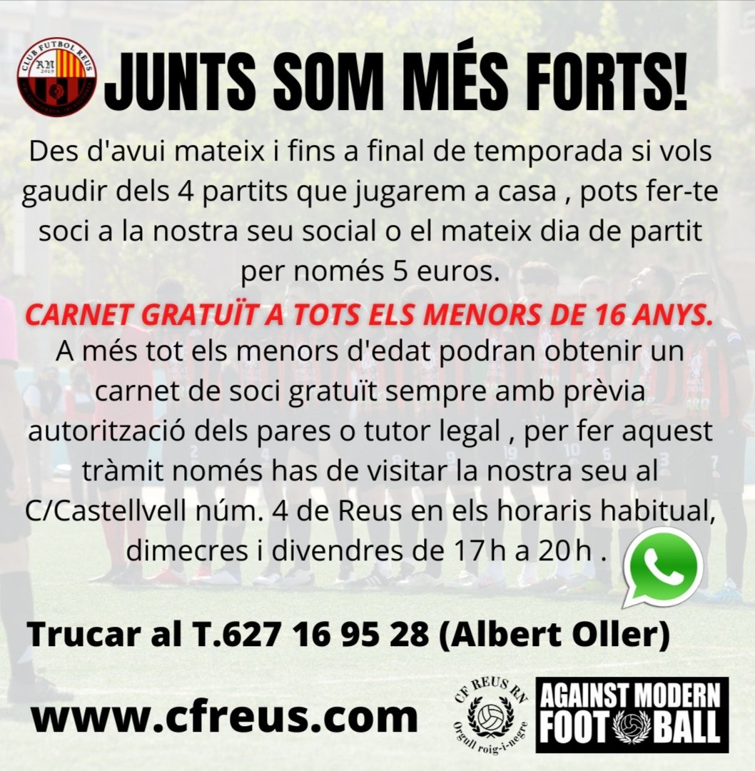 Todos los menores de 16 años con permiso de sus padres, se pueden hacer socios del club gratis, Junts som més forts..  <a href="/cfreusdeportiu/">CF Reus ⚽️</a> <a href="/diaridtarragona/">Diari de Tarragona</a> <a href="/canalreus/">Canal Reus</a> <a href="/laciutatreus/">Diari La Ciutat de Reus</a> @Diari_Mes