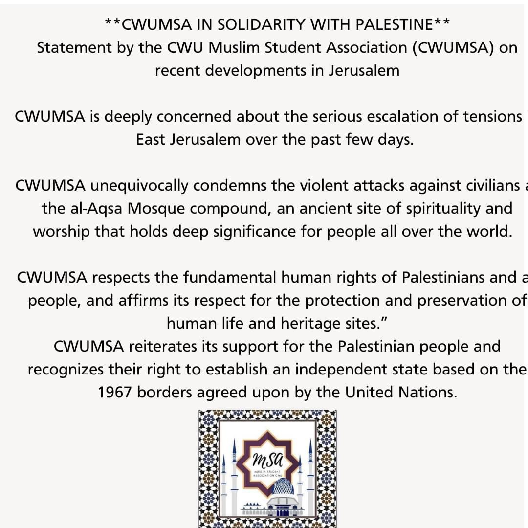 CwuMsa's tweet photo. Statement by the CWU Muslim Student Association (CWUMSA) on recent developments in Jerusalem
CWUMSA is deeply concerned about the serious escalation of tensions in East Jerusalem over the past few days.
#savesheikhjarrah #israeliforcedevictions #FreePalestine https://t.co/JSVkeuJXSK