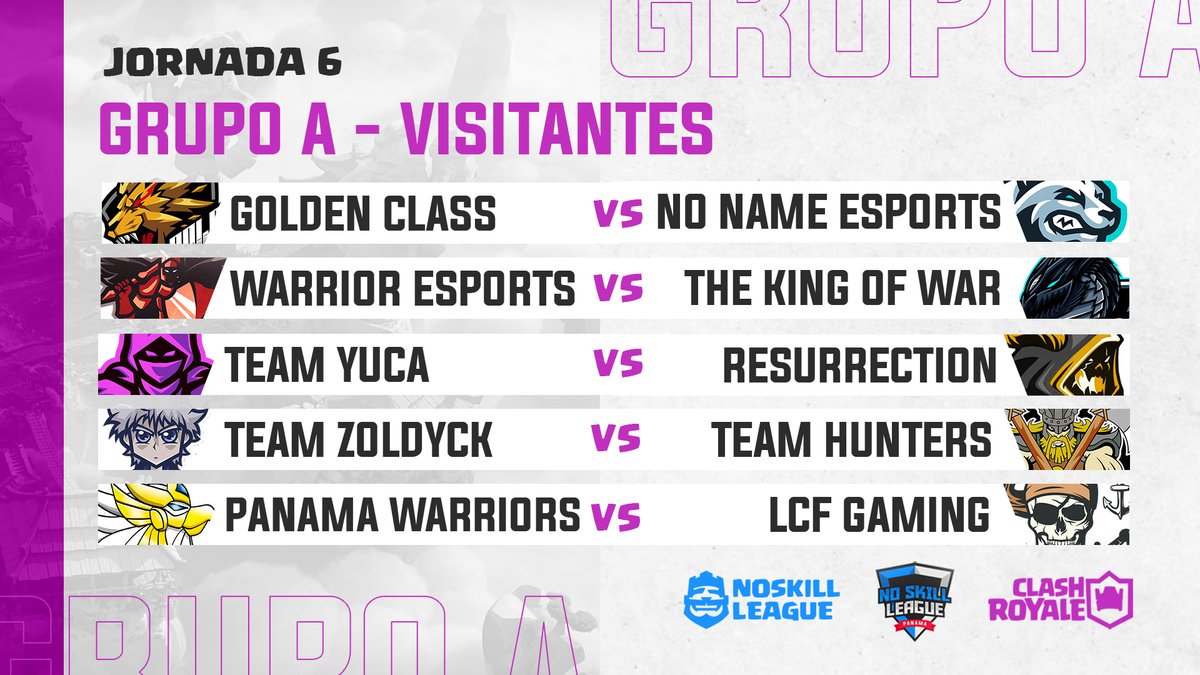 No Skill League (@noskillleaguegg) on Twitter photo ✨ JORNADA 6 ✨
¡Llego la ultima semana de fase de grupos, dos jornadas mas! 🔥
<a href="/GoldenClassTM1/">Bella angela</a> 🆚 <a href="/NoNameSportsGG/">No Name eSports</a>
<a href="/WarrioEsports/">Warriors Esports</a> 🆚 <a href="/Thekingofwar12/">The king of war</a>
<a href="/TeamYuca/">𝕋𝕖𝕒𝕞𝕐𝕦𝕔𝕒</a> 🆚 <a href="/ResurectionTeam/">ResurrectionTeam</a>
<a href="/Zoldyck1729/">Žøldyçk</a> 🆚 <a href="/TeamhuntersPTY/">Team Hunters</a>
<a href="/Panamawarriors/">Panama Warriors</a> 🆚 <a href="/LcfGaming_CR/">LCF GAMING</a>
#NoSkillLeague #ClashRoyale ✨ JORNADA 6 ✨
¡Llego la ultima semana de fase de grupos, dos jornadas mas! 🔥
<a href="/GoldenClassTM1/">Bella angela</a> 🆚 <a href="/NoNameSportsGG/">No Name eSports</a>
<a href="/WarrioEsports/">Warriors Esports</a> 🆚 <a href="/Thekingofwar12/">The king of war</a>
<a href="/TeamYuca/">𝕋𝕖𝕒𝕞𝕐𝕦𝕔𝕒</a> 🆚 <a href="/ResurectionTeam/">ResurrectionTeam</a>
<a href="/Zoldyck1729/">Žøldyçk</a> 🆚 <a href="/TeamhuntersPTY/">Team Hunters</a>
<a href="/Panamawarriors/">Panama Warriors</a> 🆚 <a href="/LcfGaming_CR/">LCF GAMING</a>
#NoSkillLeague #ClashRoyale