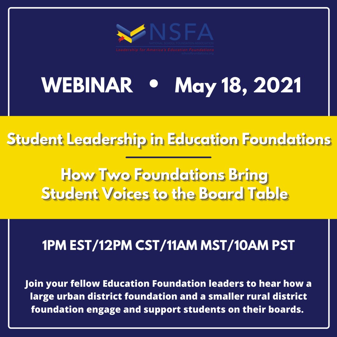 Have you registered for next week's Student Leadership Program? Join your fellow Education Foundation leaders to hear how a large urban district foundation and a smaller rural district foundation engage and support students on their boards. Register here: schoolfoundations.org/event-4241058