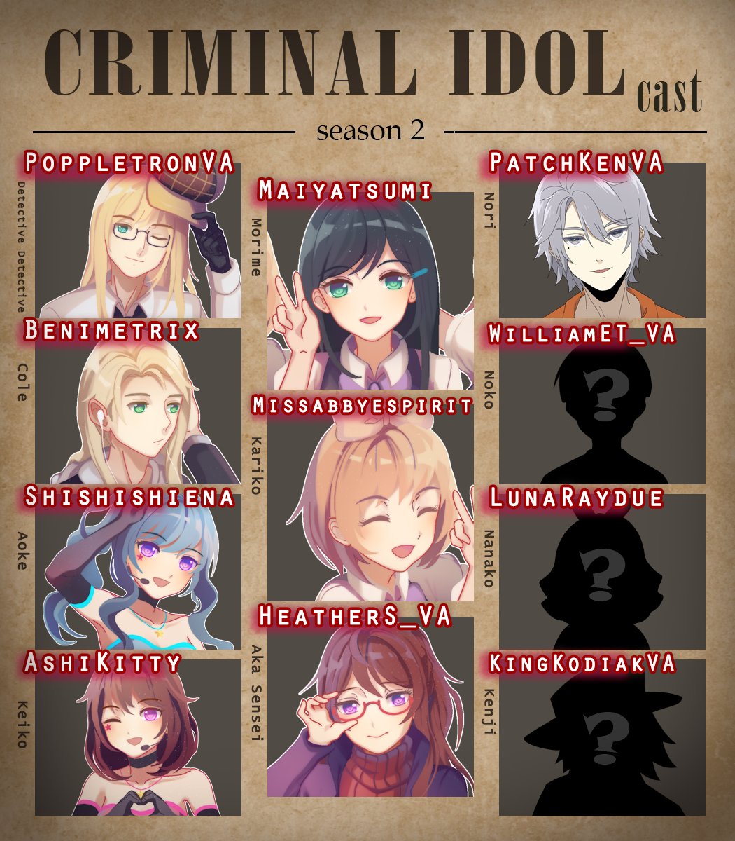 Ryan Andrew Giovanni Bosco Seewald (@_static_p) on Twitter photo Criminal Idol (S2) Vocal Cast! :
<a href="/TriyaLeongVO/">Triya Leong</a> <a href="/JonFloresVO/">Jon</a> <a href="/carimellevo/">carimelle/Esther Christo🎙🎶</a>
@HeatherS_VA @WilliamET_VA <a href="/shishishiena/">shiena / angel 🌭💫 @ offkai</a> <a href="/AdamNewVA/">Adam New: Voice Acting Dude</a> <a href="/MiaPaigeVA/">Mia Paige🎙🍬 Blind Voice Actor</a> <a href="/LunaRaydue/">Professor Raydue | PNGtuber, VA & Game Dev</a> <a href="/Maiyatsumi/">Maiya (Asbel)</a> <a href="/AshiKitty/">Ash</a> @benimetrix <a href="/PoppletronVA/">Aubrey Poppleton</a> <a href="/KingKodiakVA/">King Kodiak</a> <a href="/PatchKenVA/">Patrick Langner</a> <a href="/missabbyespirit/">Abby Espiritu</a> Criminal Idol (S2) Vocal Cast! :
<a href="/TriyaLeongVO/">Triya Leong</a> <a href="/JonFloresVO/">Jon</a> <a href="/carimellevo/">carimelle/Esther Christo🎙🎶</a>
@HeatherS_VA @WilliamET_VA <a href="/shishishiena/">shiena / angel 🌭💫 @ offkai</a> <a href="/AdamNewVA/">Adam New: Voice Acting Dude</a> <a href="/MiaPaigeVA/">Mia Paige🎙🍬 Blind Voice Actor</a> <a href="/LunaRaydue/">Professor Raydue | PNGtuber, VA & Game Dev</a> <a href="/Maiyatsumi/">Maiya (Asbel)</a> <a href="/AshiKitty/">Ash</a> @benimetrix <a href="/PoppletronVA/">Aubrey Poppleton</a> <a href="/KingKodiakVA/">King Kodiak</a> <a href="/PatchKenVA/">Patrick Langner</a> <a href="/missabbyespirit/">Abby Espiritu</a>