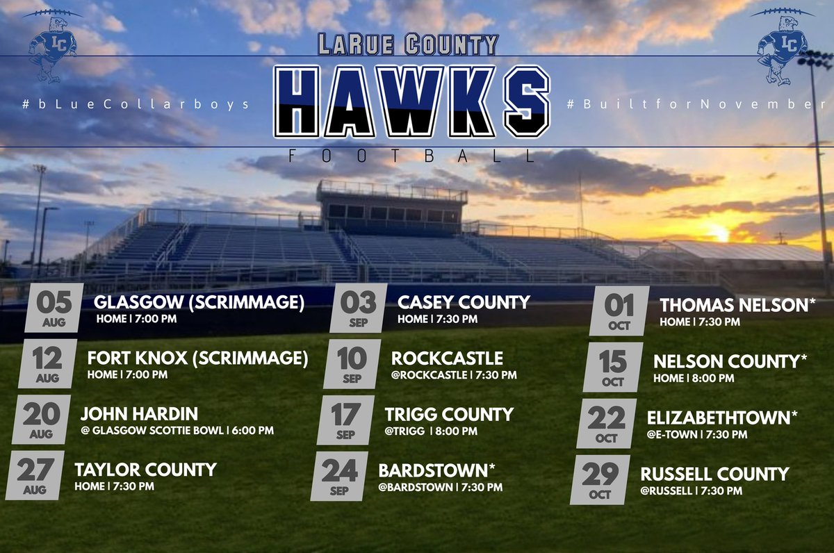 It’ll be here before we know it!!!!! <a href="/laruecofootball/">Hawks Football</a> 2021 Schedule !! @ddawson87 <a href="/travisg6363/">Travis Gay</a> @LaRueSuper 
<a href="/BlueColonels/">Colonels_Wear_Blue</a> @dhopkins_9 <a href="/NateInSports/">Nate Bryan</a>