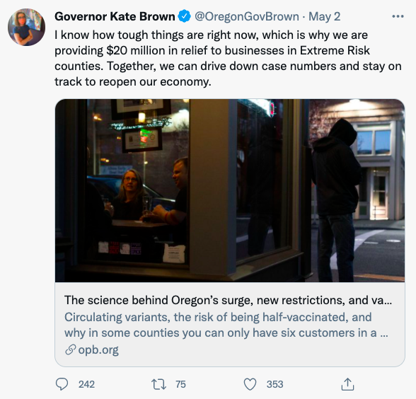 HomeBarPDX's tweet photo. @KyleIboshi question for you? Is anyone asking @OregonGovBrown where the money is? $20m for small businesses affected by her last shutdown. https://t.co/6EpOgWq17y