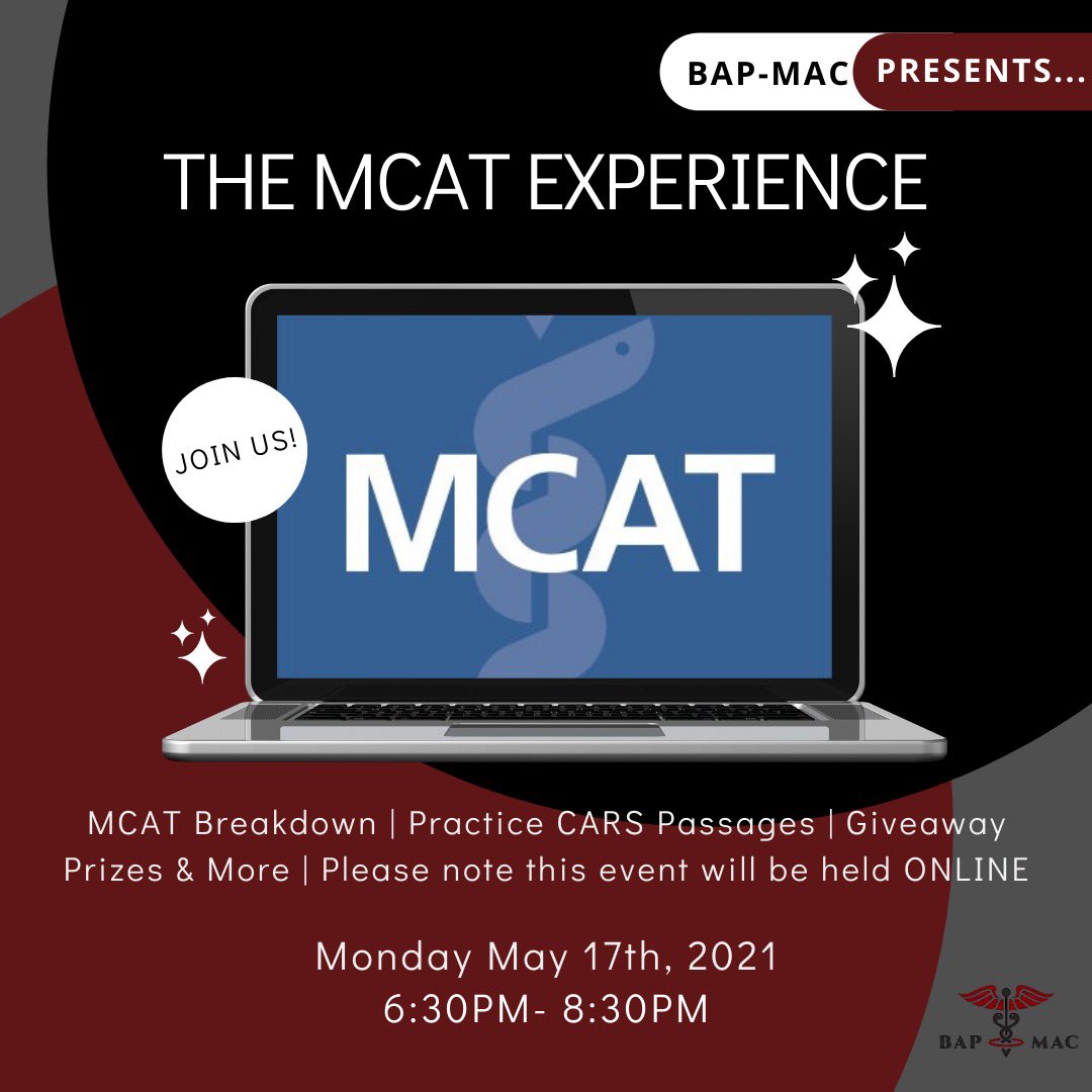 bapmac_'s tweet image. On Monday May 17th BAP Mac will be holding our MCAT experience event!Listen in on what a typical day of studying looks like, and go-to resources to use from the perspectives of multiple MCAT veterans. Click the link in our bio to register and receive the zoom link!