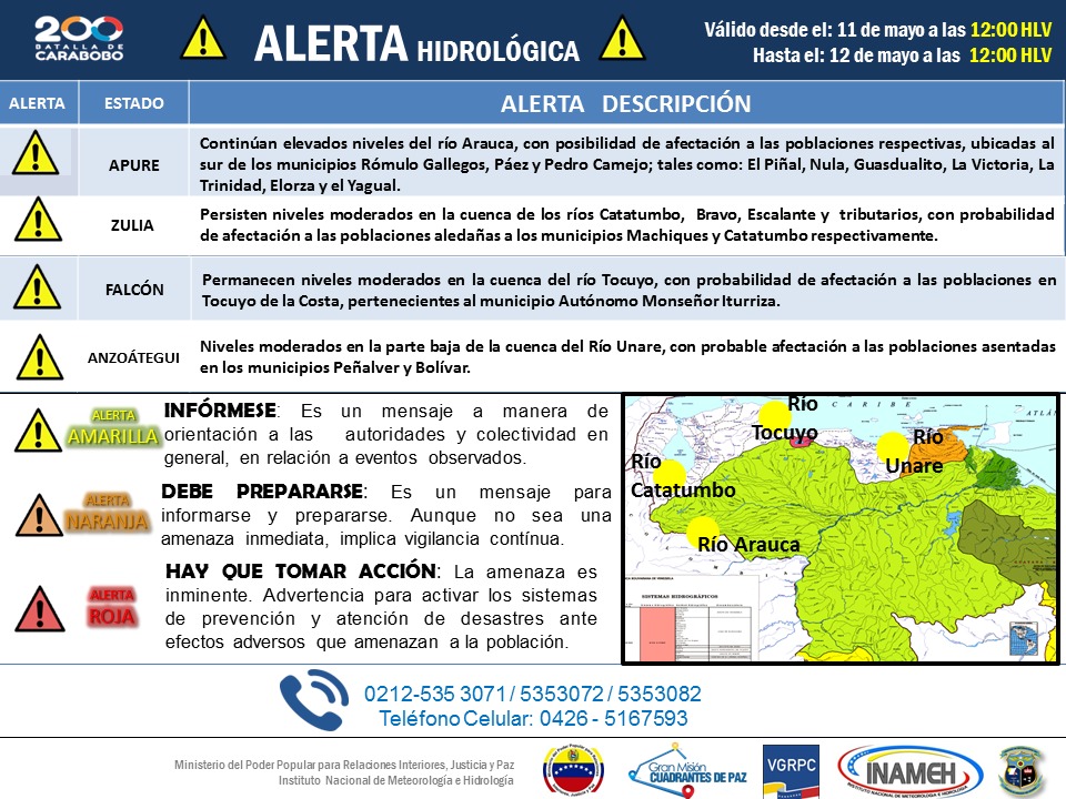 Ante el período de lluvias en nuestro país, los organismos de Seguridad Ciudadana continúan desplegados en el territorio nacional. Muy especialmente, los estados Apure, Zulia, Falcón y Anzoátegui deben mantenerse informados sobre la Alerta Hidrológica que ha generado el <a href="/INAMEH/">INAMEH</a>