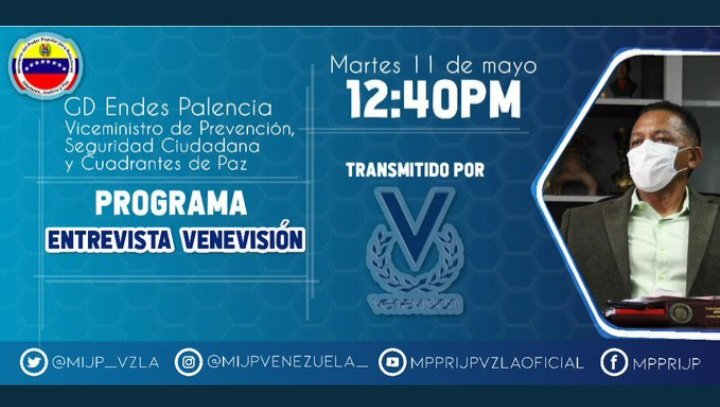 #EsNoticia No te pierdas hoy  la entrevista al GD Endes Palencia, Viceministro de Prevención, Seguridad Ciudadana y Cuadrantes  de Paz por Venevisión a las 12:40pm @CaroGarciaCPsuv <a href="/MIJP_Vzla/">MPPRIJP</a> <a href="/gestionperfecta/">Carmen Meléndez</a>